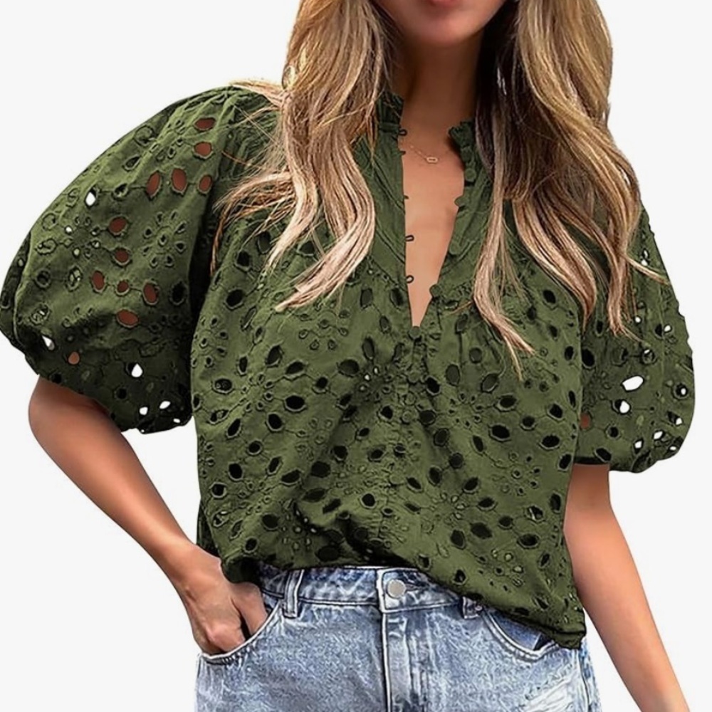 NWT  Short Sleeve V Neck Buttons Hollow Out Lace Embroidered puffed sleeve shirt